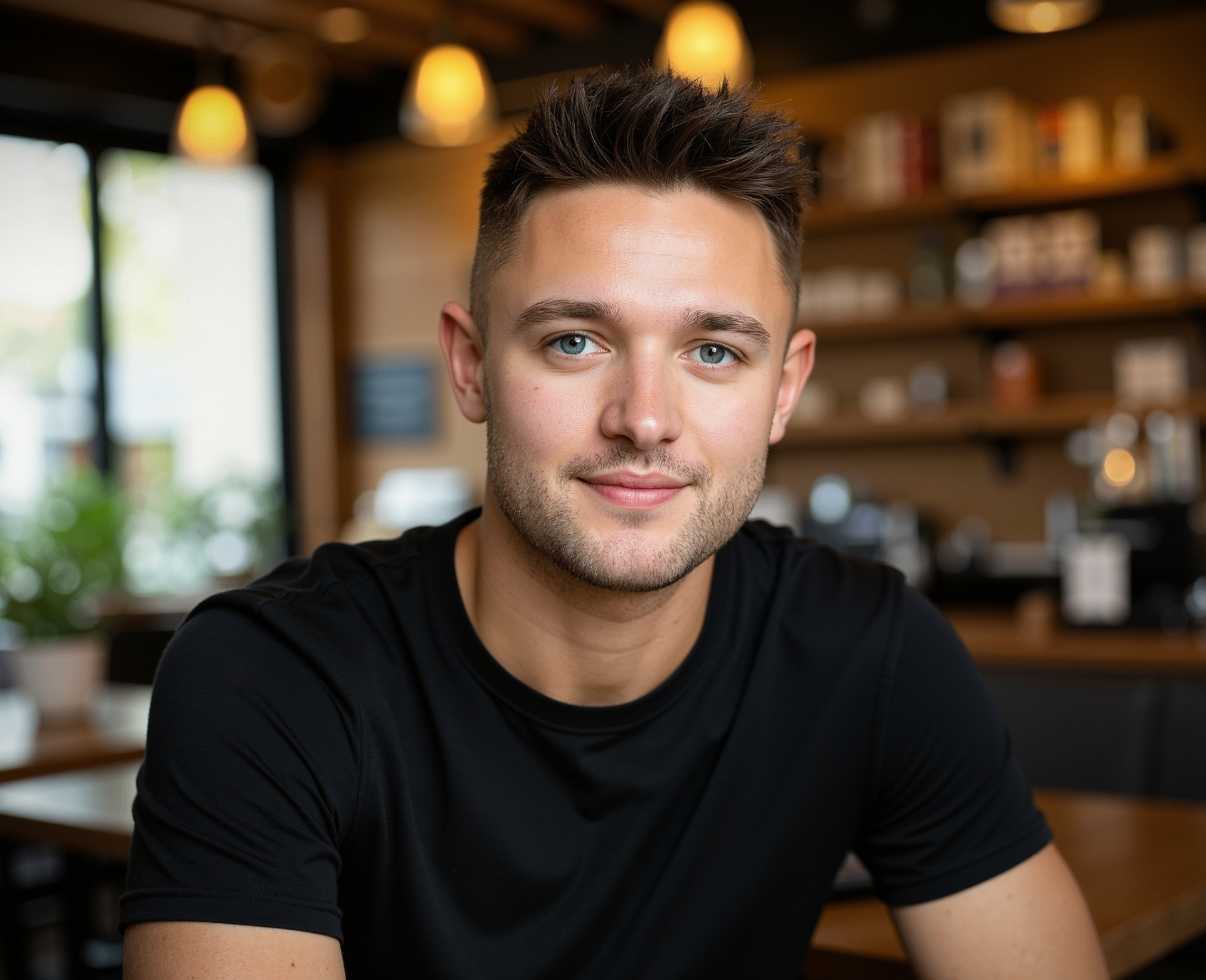 Portrait of Jon Farley in a coffee shop, Bristol